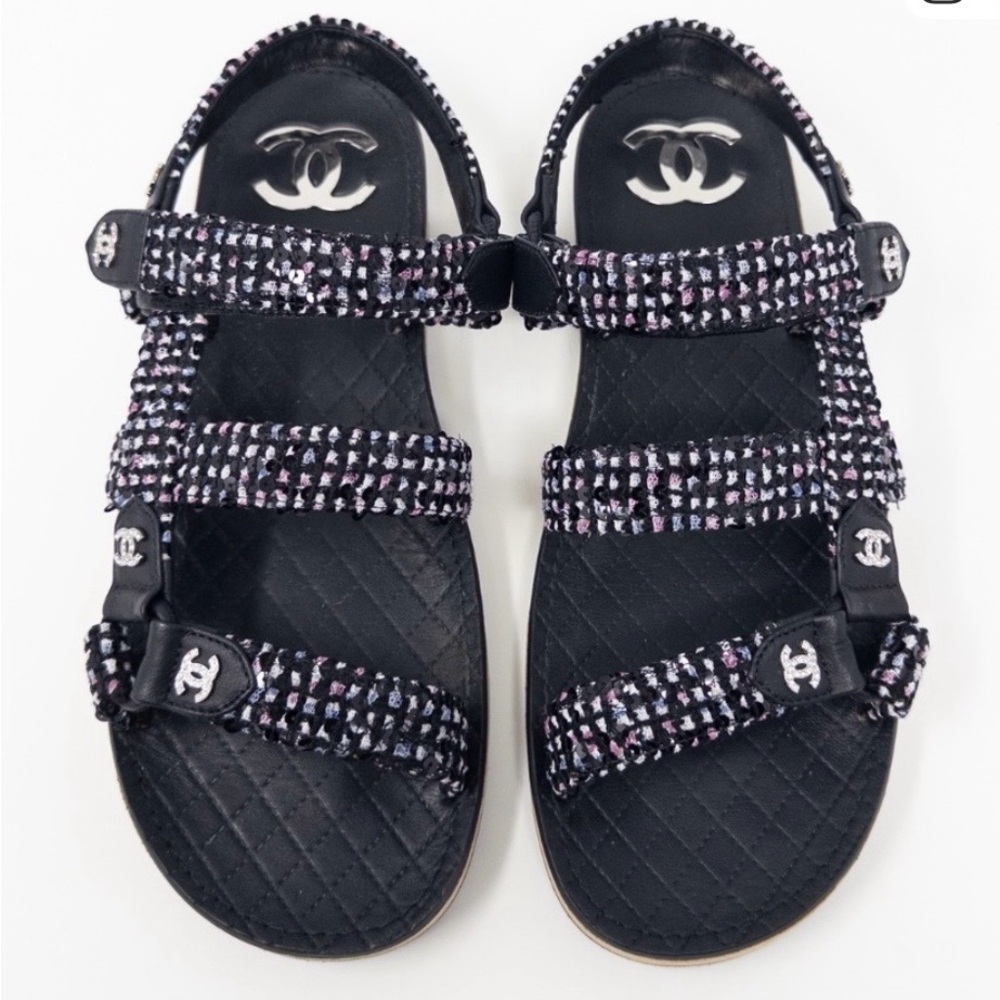 CHANEL Black, Blue and Pink Tweed Strap Sandals
